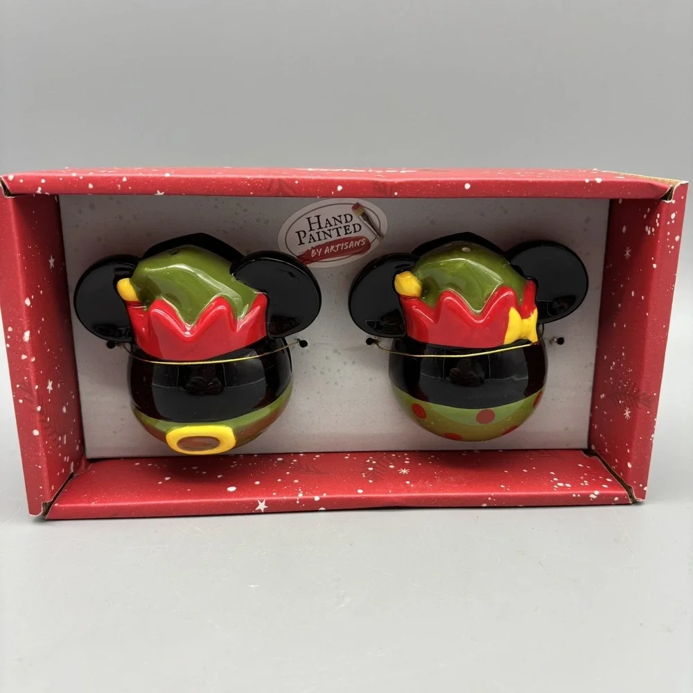 Disney Mickey  & Minnie Mouse Christmas Elf Hat Salt Pepper Shakers Holiday Gift